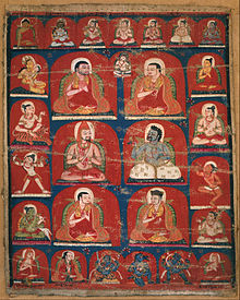 painting of six Buddhist teachers on red background, surrounded by smaller figures in frame