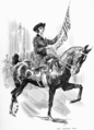 An illustration of a suffragette on a horse, waving an American flag, in the 1916 novel The Fifth Wheel by Olive Higgins Prouty
