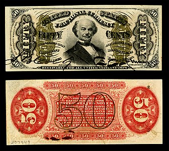 Third issue of the fifty-cent fractional currency depicting Francis Spinner (red), by the United States Department of the Treasury