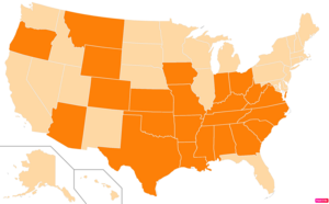 States in the United States by Evangelical Protestant population according to the Pew Research Center 2014 Religious Landscape Survey.[240] States with Evangelical Protestant populations greater than the United States as a whole are in full orange.