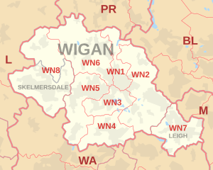 WN postcode area map, showing postcode districts, post towns and neighbouring postcode areas.