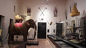 War elephant and traditional Thai weapons in Bangkok National Museum.