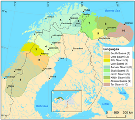  1 - южносаамский язык  2 - уме-саамский язык  3 - пите-саамский язык  4 - луле-саамский язык  5 - северносаамский язык  6 - инари-саамский язык  7 - колтта-саамский язык  8 - кильдинский саамский язык  9 - бабинский саамский язык  10 - йоканьгско-саамский язык