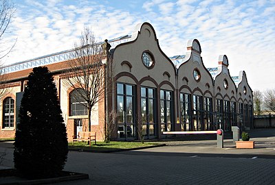Façade of a former tram depot, now an office building, in Bonn