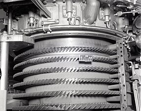 General Electric J85 turbojet compressor showing the axial spacing between rotating and stationary blades required to prevent blades touching when they bend during surges.