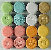 Ecstasy pills in different colored coating.