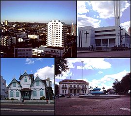 Acima, à esquerda, uma vista parcial da região central da cidade; à direita a catedral de Erechim; abaixo, à esquerda, o Castelinho; e à direita a Praça da Bandeira.