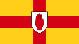 The flag of Ulster: a red cross over a gold background.
