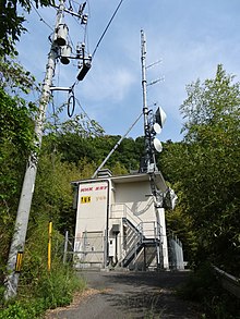 Small, fenced building with antennas on a wooded hillside