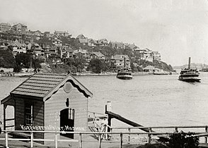 The wharf's former Edwardian shelter, c. 1930s. Curraghbeena Point and Musgrave Street Wharf (now Mosman South) in the background.