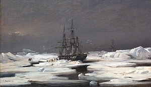 Astrolabe and Zélée caught in ice while discovering Adélie Land, by Louis Cauvin