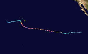 Map plotting the track and the intensity of the storm, according to the Saffir–Simpson scale