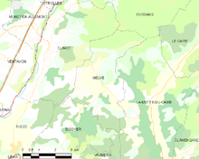 Carte élémentaire montrant les limites de la commune, les communes voisines, les zones de végétation et les routes