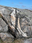 An igneous intrusion cut by a pegmatite dike, which in turn is cut by a dolerite dike