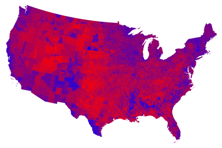 Popular vote by county shaded on a scale from red/Republican to blue/Democratic