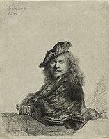 B21, Self-portrait leaning on a Sill, etching, 1639, 2 states. The pose draws on portraits by Titian and Raphael, A Man with a Quilted Sleeve (NG, London) and Portrait of Baldassare Castiglione (Louvre) respectively.[45] One of the "official" etched self-portraits.[33]