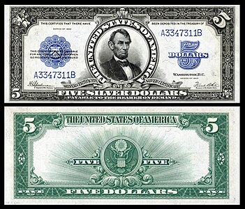 Five-dollar silver certificate from the series of 1923, by the Bureau of Engraving and Printing