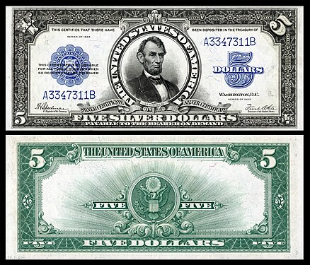 Obverse and reverse of a 1923 five-dollar silver certificate