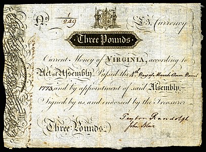 Currency of the Colony of Virginia at Early American currency, by the Colony of Virginia