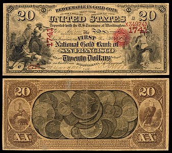Twenty-dollar national gold bank note, by the American Bank Note Company