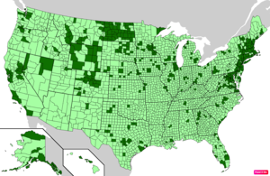 Counties in the United States by per capita income according to the U.S. Census Bureau American Community Survey 2013–2017 5-Year Estimates.[257] Counties with per capita incomes higher than the United States as a whole are in full green.