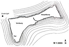 Schematischer Plan der vorgeschichtlichen Wälle auf dem Plateau des großen Kordigast und des vorgelagerten Grabhügels