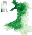 Map of the percentage of people aged three years or older able to speak Welsh by Lower Super Output Area (LSOA) using statistics from the 2011 Welsh census.