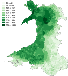 Graphic showing the proportion of Welsh speakers throughout Wales in 2011
