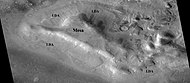 lobate debris aprons (LDAs) around a mesa, as seen by CTX Mesa and LDAs are labeled so one can see their relationship. Radar studies have determined that LDAs contain ice; therefore these can be important for future colonists of Mars. Location is Ismenius Lacus quadrangle.