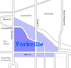 Historically Yorkville was the area north of Bloor and east of Avenue Rd., today a number of other areas are also considered part of the district