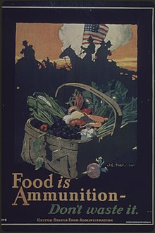 A basket of fruits and vegetables sits in the foreground of the image. In the background, there are shadows of soldiers waving the American flag. The text below the imagery reads "Food is Ammunition – Don't Waste It".