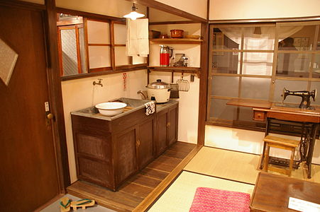 A mid-20th-century Japanese kitchen, with shoji and half-frosted glass sliding doors