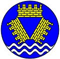 Badge of Merseyside Metropolitan Council (England): On a roundel azure three mural crowns conjoined in pile [merlons outwards] or, in base two barrulets argent.