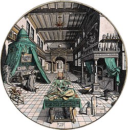 Alchemist's laboratory, by Hans Vredeman de Vries, 1595