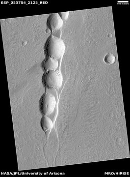 Line of pits, as seen by HiRISE under HiWish program. Fossae often seem to start with a line of pits.