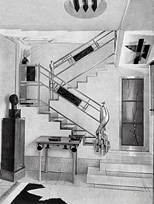 Stairway in the hôtel particulier of fashion designer-art collector Jacques Doucet in Paris, designed by Joseph Csaky (1927). The geometric forms of Cubism had an important influence on Art Deco.