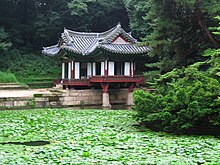 A small colorful wooden pavilion on a pond covered with lotus leaves