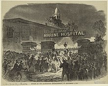 An engraving depicting a violent mob attacking a closed gate, and above the gate a sign says "Quarantine Marine Hospital".