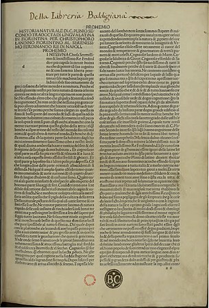 Incipit de la Historia naturale traduit du latin en florentin par Christoforo Landino, en l'édition de 1489.