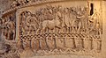 Roman legionaries crossing the Danube River by pontoon bridge, as depicted in relief on the column of Emperor Marcus Aurelius (r. 161-180 AD) in Rome, Italy