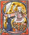 The earliest known possible visual depiction of a heart symbol, as a lover hands his heart to the beloved lady, in a manuscript of the Roman de la poire, 13th century.