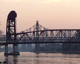 Queens side of Roosevelt Island Bridge, with the Queensboro Bridge in the background