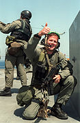 U.S. Navy SEAL with MP5 SMG and two magazines clamped together during Operation Desert Storm in 1991.