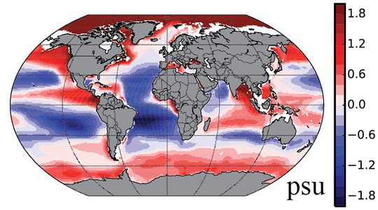 Vertical differences in sea salinity between the surface and a depth of 300 metres. Salinity increases with depth in red regions and decreases in blue regions.[15]