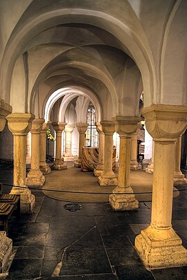 An interior view of a low space with a vaulted roof supported on many simple columns.