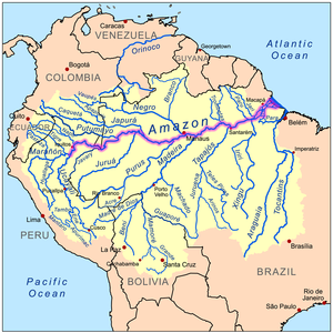 Map of the Amazon River drainage basin with the Amazon River highlighted