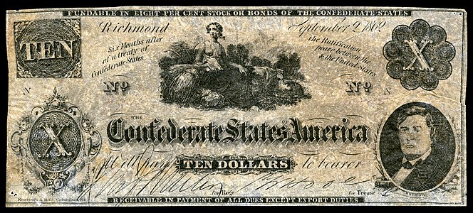 Ten Confederate States dollar (T48), by the Confederate States Department of the Treasury
