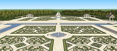 Restitution 3D du grand parterre du château de Richelieu vers 1640, depuis la lanterne.