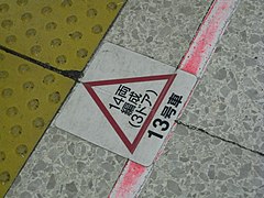 A sticker on the Keiyo Line platform at Tokyo Station marking the door position for E331 series trains, April 2008