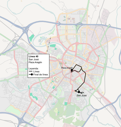 Recorrido de la línea 40 de TUZSA en la ciudad de Zaragoza.